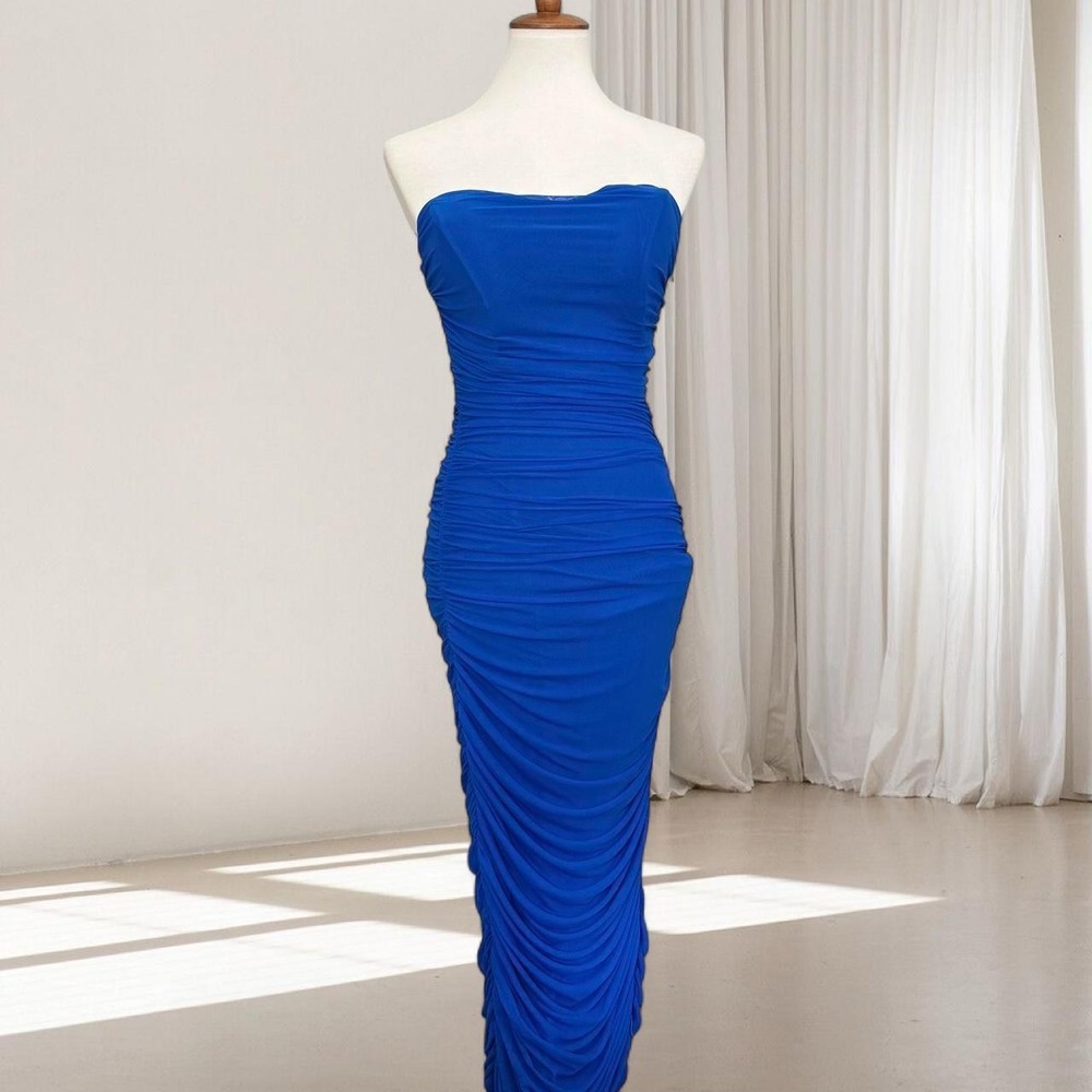 ANRABESS Womens Royal Blue Ruched Strapless Mesh Bodycon Midi Dress Size S NEW